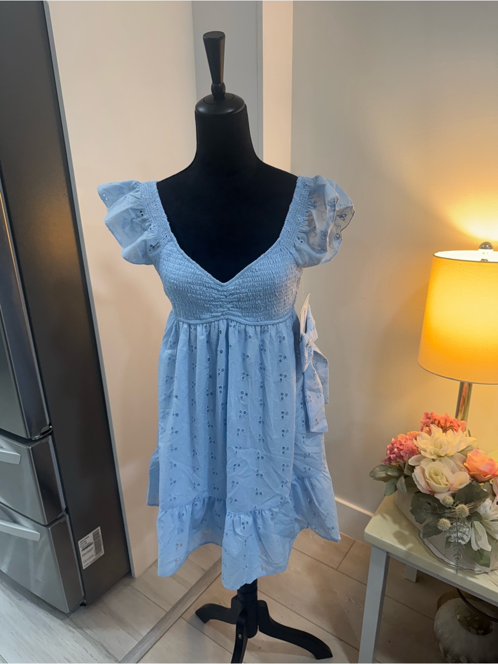 Light Blue Eyelet Smocked Mini Dress with Puff Sleeves
